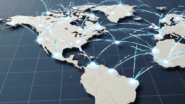 A modern 3D world map illustrating global data transfer and network connections across continents. Ideal for technology, business, and travel concepts