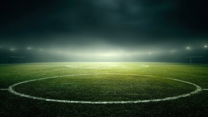 Obraz premium Illuminated Football Field at Night with a Dramatic Sky, Center Circle in Focus