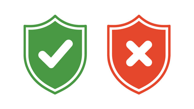 Green Checkmark Shield and Red Cross Shield Icons Representing Approval and Rejection