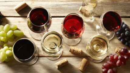 Obraz premium Elegant Wine Tasting: Overhead View of Red and White Wines with Grapes on Rustic Wood