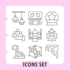 Fototapeta premium Set of nine thin line icons for digital interfaces depicting network, team, collaboration, brainstorming, workflow and navigation elements suitable for web and mobile applications.