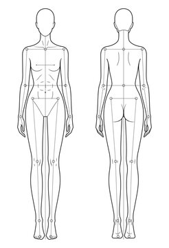 9-Head Female Fashion Figure Template with Joint Markers. Hourglass Body Proportion Croquis for Fashion Illustration and Technical Drawing. Front and Back View. Neutral Standing Pose.