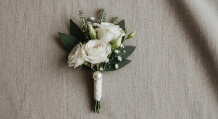 A white rose boutonniere with greenery and a pearl detail, on a neutral fabric