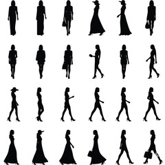 Obraz premium A collection of black silhouettes of women in various poses on transparent background