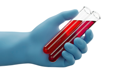 Hand in blue glove holding two test tubes with red liquid