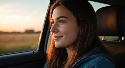 A young woman in a car gazes out the window, illuminated by a warm sunset