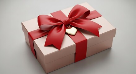 Obraz premium Luxury gift box with red ribbon and gold heart charm on neutral background