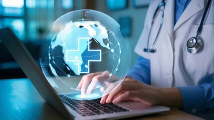 Doctor typing on laptop with global health network interface futuristic medical technology close up tracking shot blue lit office background professional attire 4k footage - Powered by Adobe