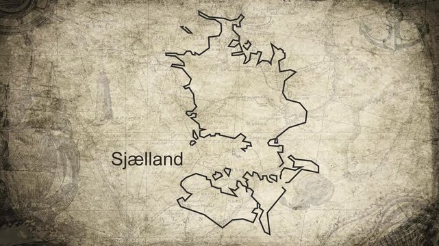 Sjaelland map drawn on a cartography background sheet of paper