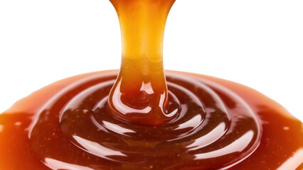 Delicious caramel sauce pouring isolated PNG on transparent background, sweet dessert topping for confectionery and food design © ELISA