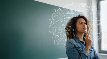 Young Woman in a Classroom Setting Deeply Concentrating, Pondering Difficult Mathematical Equations and Concepts