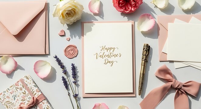 Flat lay composition with happy valentines day greeting card surrounded by roses and stationary