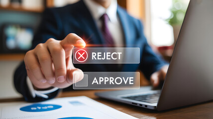 Businessman in suit interacting with virtual buttons on screen for approval or rejection