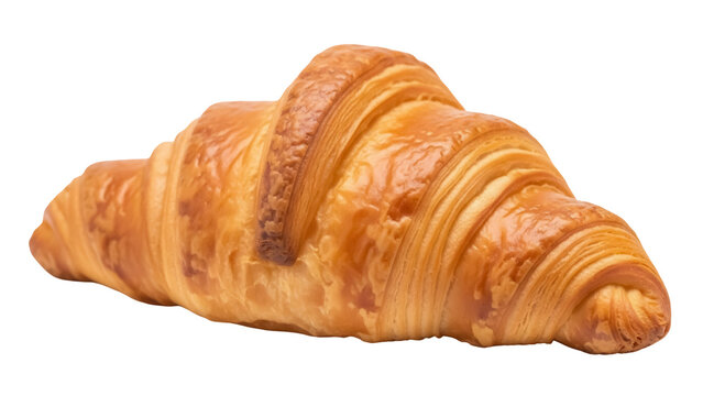 Golden brown croissant isolated PNG on transparent background, delicious flaky pastry for breakfast and bakery concepts