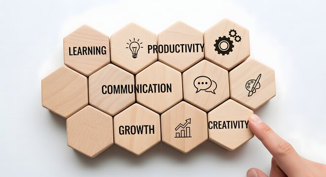 Essential skills & business concepts for growth and success on wooden hexagons