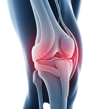 Human knee joint anatomy illustration with highlighted area of pain and inflammation