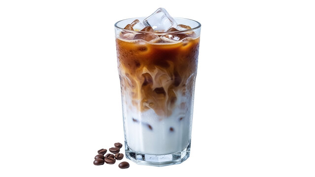 Iced latte coffee in glass isolated PNG, refreshing cold drink with milk on transparent background, summer beverage
