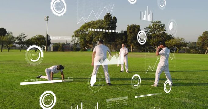 Bowler starting run-up batter hitting ball fielder lunging during cricket training with HUD graphs
