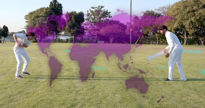 Batter tapping ball, fielder catching for cricket practice, purple map with teal dots tracking ball