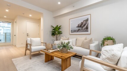 Fototapeta premium Bright Living Room Interior with Modern Furnishings and Neutral Color Palette, Creating a Cozy and Inviting Home Space