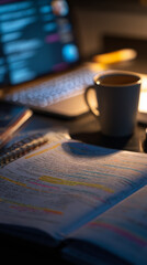 Vertical phone-flash shot of student notes, highlighter marks, coffee cup, laptop keyboard glowing in dark room