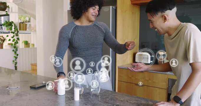 Left man pouring white bottle into glass, handing to pal for tasting, icons floating over faces