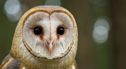 Close-up of a barn owl's face, focused on its large, dark eyes with blurred background