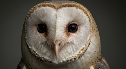 Close-up of a barn owl's face, focused on its large eyes and heart-shaped facial disk