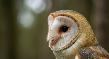 Close-up of a barn owl's face, highlighting its heart-shaped facial disc and dark eye