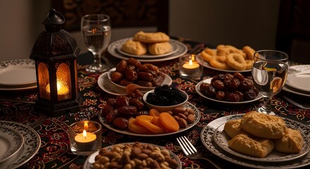 A beautifully set iftar table with dates sweets and glowing candlelight