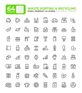 Waste sorting line essential ui icon set. Garbage recycling service. Management of litter. Disambiguation. Isolated vector outline symbols iconography. User interface elements linear, pixel perfect
