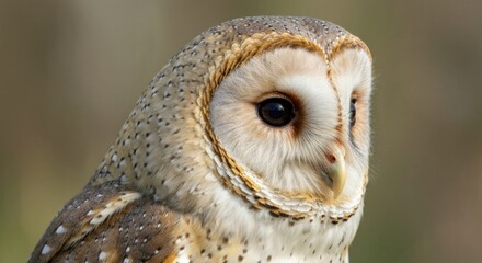Close-up of a barn owl's head, showing facial disk, feathers, eye, and beak, against blurred background