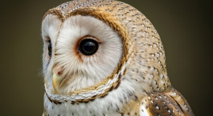Close-up of a barn owl's face, showing large eyes, facial disc, and detailed feathering