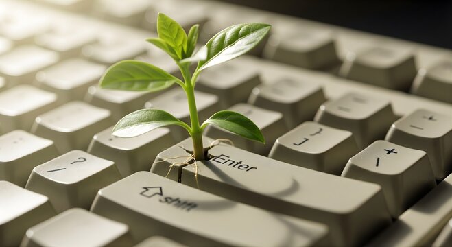 Seedling Growing Through a Vintage Computer Keyboard Enter Key
