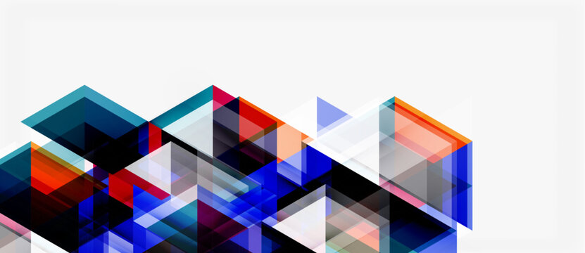 Abstract geometric shapes overlap, creating dynamic visual texture. Blue, orange, gray tones dominate composition. Modern design element.