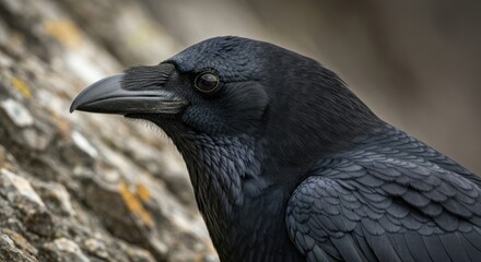 Obraz premium Close-up of a dark, glossy-feathered bird with sharp beak and intelligent gaze