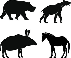 vector silhouettes set of animals, pig, rhinoceros, 