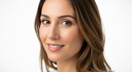 Fototapeta premium Beautiful woman with natural makeup and healthy skin smiling at camera. Close up portrait isolated on white background. Beauty concept.