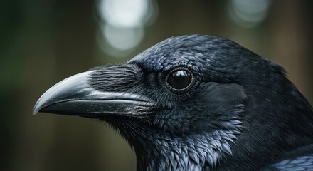 Obraz premium Close-up of a dark raven's head and eye, with a blurred natural background