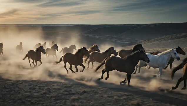 Group of feral mustangs running together across dry desert terrain stirring up thick dust clouds