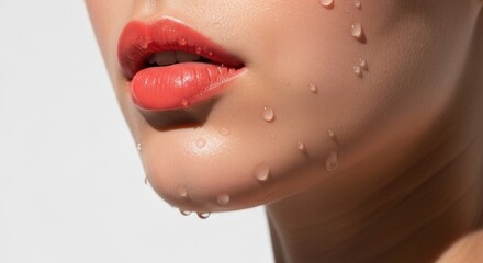 Close-up of a face, lips are coral-colored, with water droplets on the cheek
