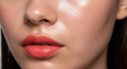Fototapeta premium Close-up of a face, showcasing vibrant lips and dewy, glowing skin, subtly lit