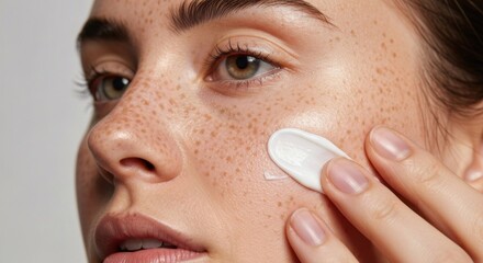 Close-up of a fair-skinned person with freckles applying cream to their cheek