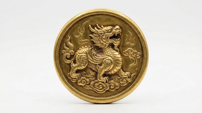 Golden Pixiu Coin &ndash; Chinese Feng Shui Wealth Symbol on White Background