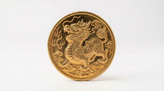 Golden Pixiu Coin &ndash; Chinese Feng Shui Wealth Symbol on White Background