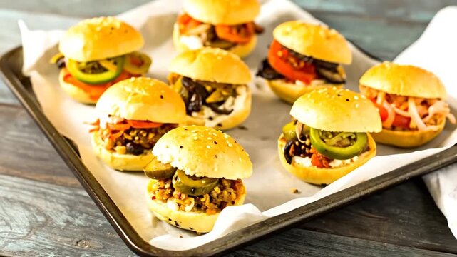 Close-up of eight mini sandwiches on a baking sheet, with various fillings. Wooden background
