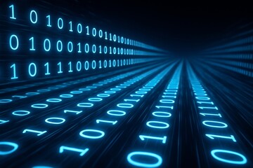 Glowing binary code flowing through digital cyberspace tunnel, symbolizing data transfer and futuristic information technology concept. Ai generative
