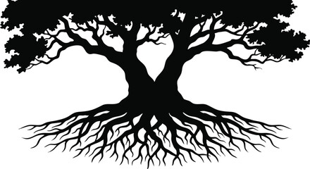 A tree silhouette with roots and branches forming a heart shape on transparent background