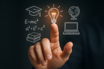 Hand touching glowing light bulb icon surrounded by science and education symbols on dark background, representing digital learning concept. Ai generative