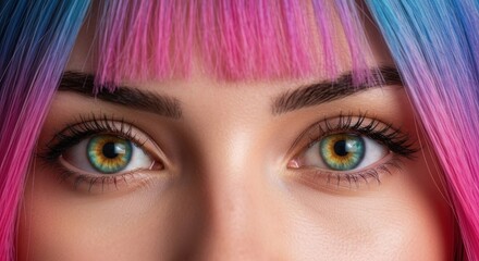 Close-up of eyes and vibrant multi-colored hair. A focus on the eyes, with lush lashes